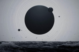 black-ball-with-orbiting-objects-floating-above-clouds