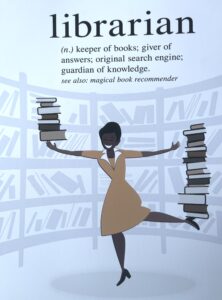 graphic of a joyful librarian balancing books on hands and feet