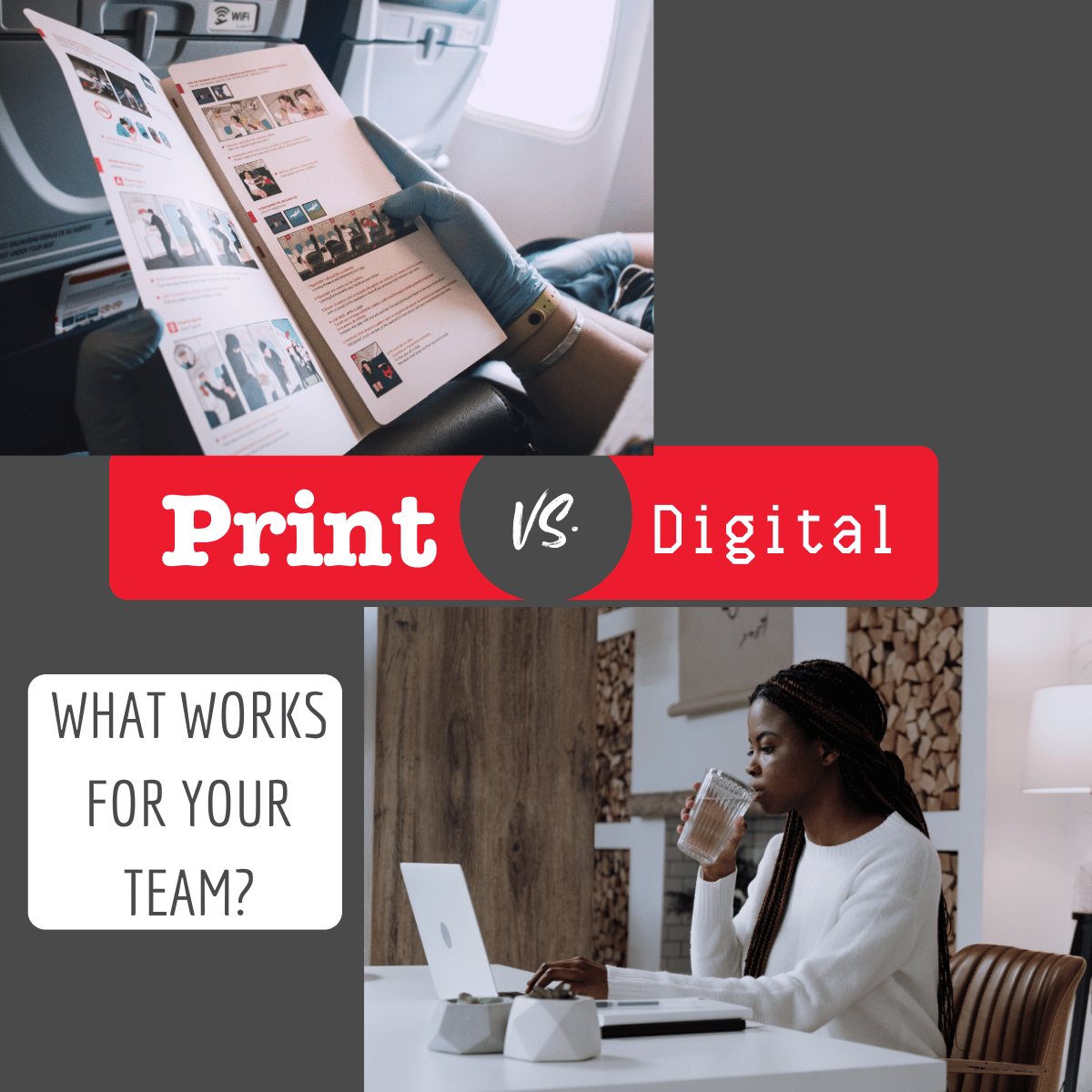 Print vs. digital assets for communicating with employees and team members - which is better? Graphic that poses the question.